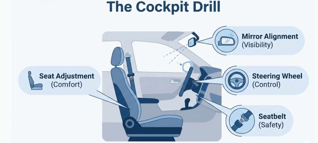 Cockpit drill diagram showing seat adjustment, mirror alignment, steering wheel position, and seatbelt setup before driving
