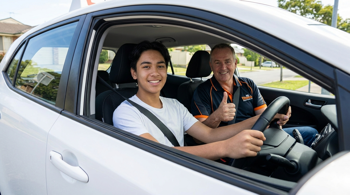 Student learning to drive with a certified instructor during a professional driving lesson