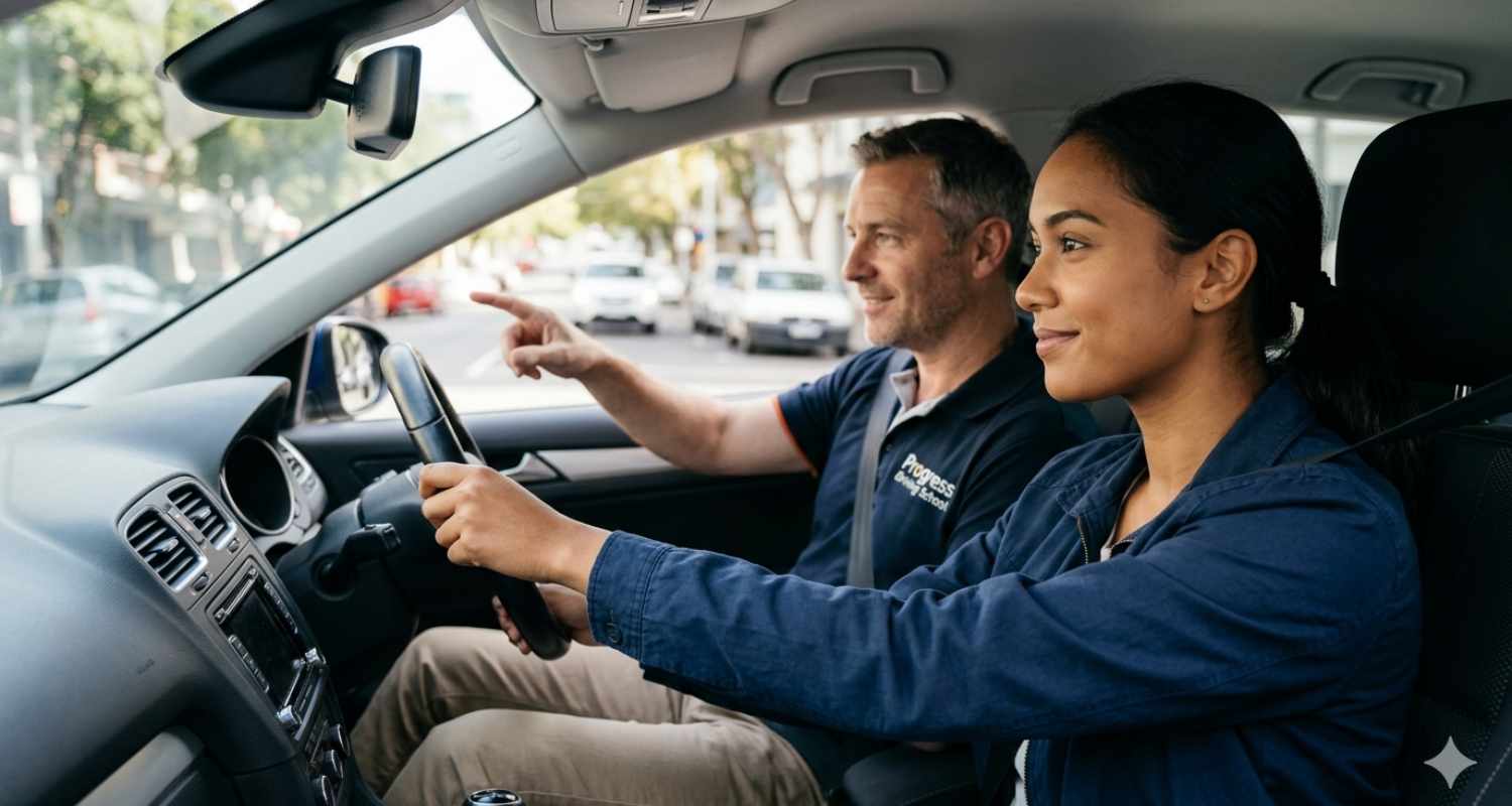 Driving instructor guiding a learner driver during a lesson to help pass the driving test faster