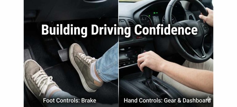 Beginner driver learning car controls including brake pedal, gear shift, and dashboard during a first driving lesson
