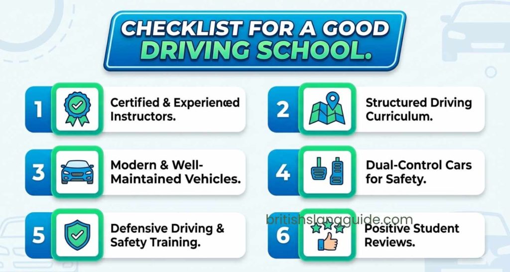 Checklist showing signs of a good driving school including certified instructors, structured curriculum, and safe vehicles