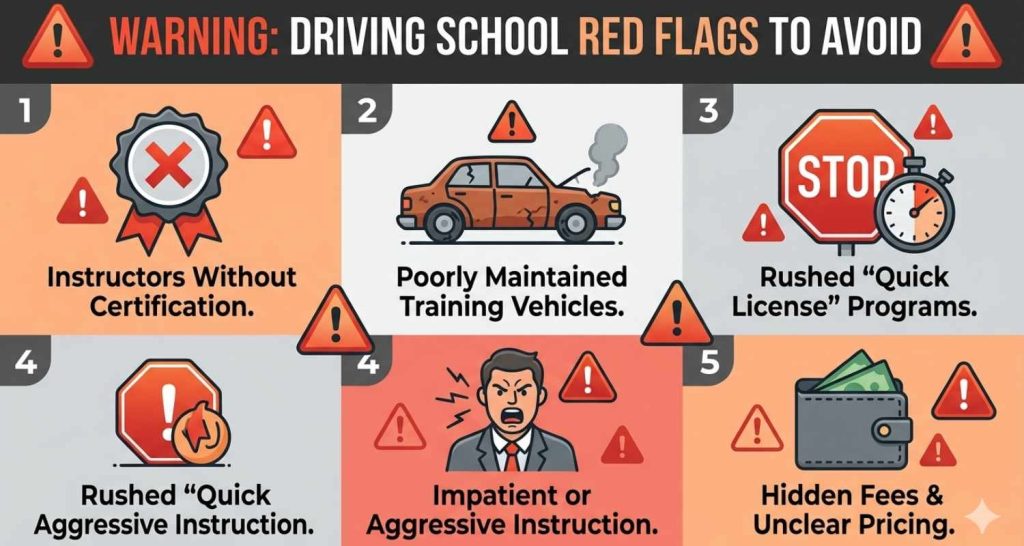 Warning signs of a bad driving school including unqualified instructors, poorly maintained vehicles, and hidden fees