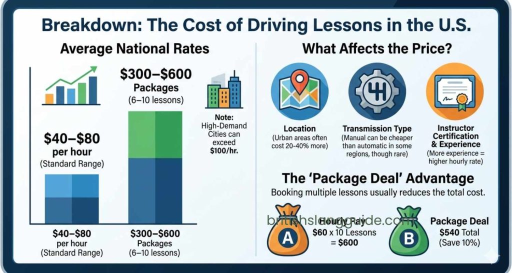 Driving lessons cost breakdown in the USA showing hourly rates and package prices