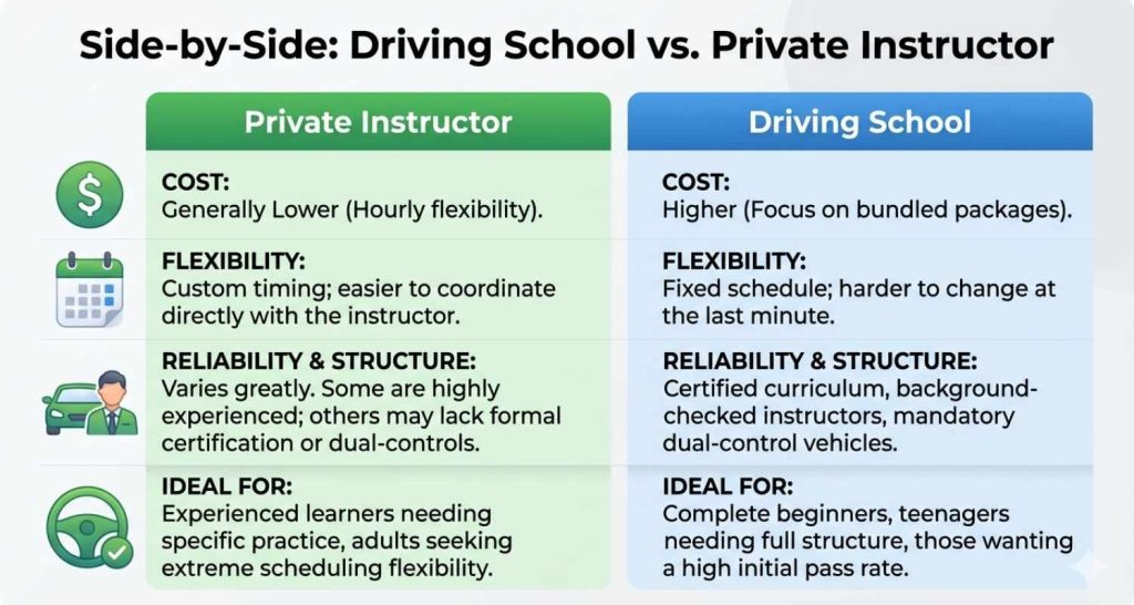 Comparison between driving school and private instructor showing cost, flexibility, and reliability