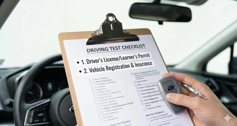 Key driving skills to practice before a driving test including parallel parking lane changes full stops and blind spot checks