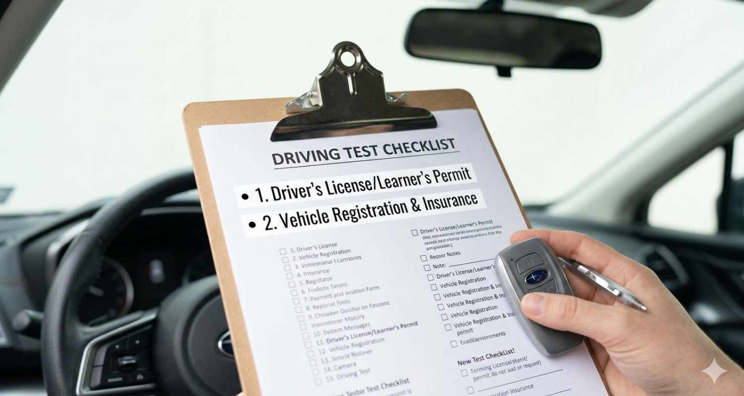 Key driving skills to practice before a driving test including parallel parking lane changes full stops and blind spot checks