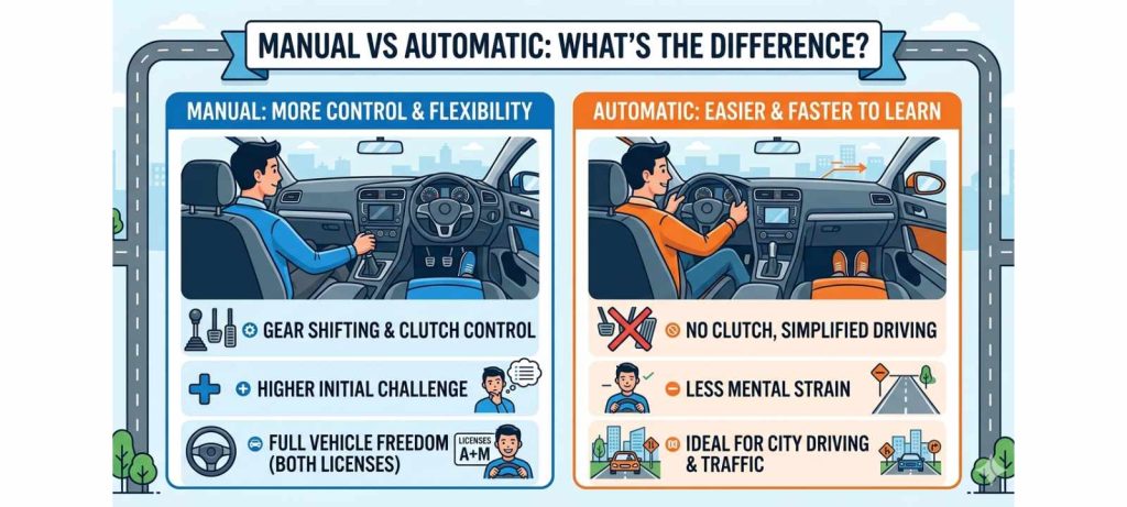 Difference between manual and automatic driving lessons showing clutch and gear shifting