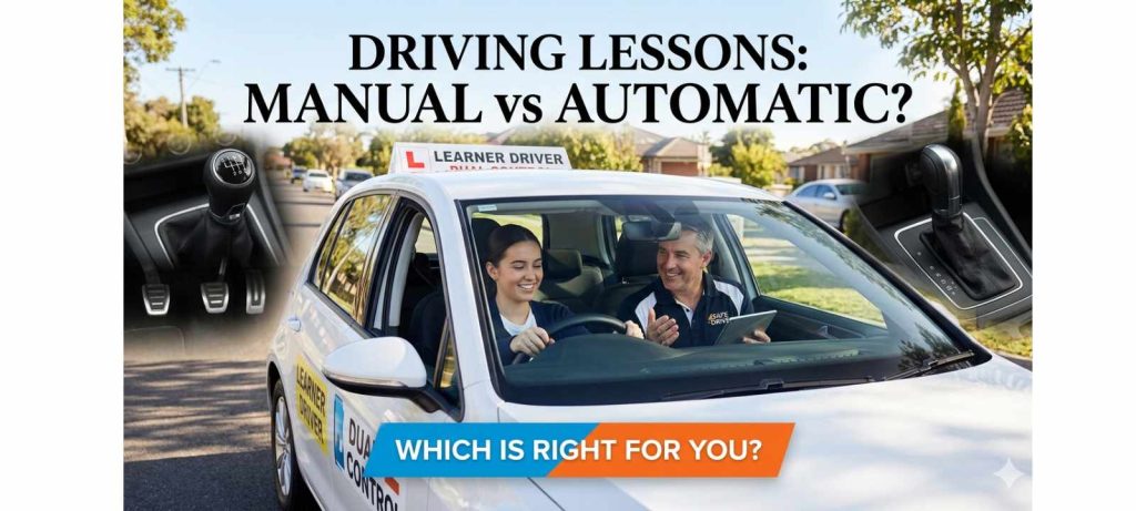 Manual vs automatic driving lessons with instructor teaching beginner driver