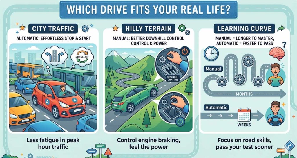 Manual vs automatic driving in city traffic hills and learning curve comparison