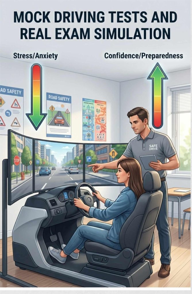 Mock driving test simulation showing reduced anxiety and increased confidence for driving test preparation