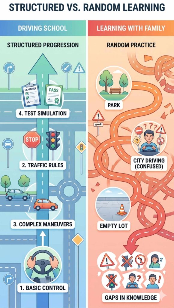 Comparison of structured driving school training vs random practice showing faster progress and better test preparation