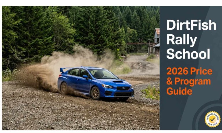 Blue Subaru WRX STI rally car drifting on dirt track at DirtFish Rally School in Snoqualmie, Washington 2026