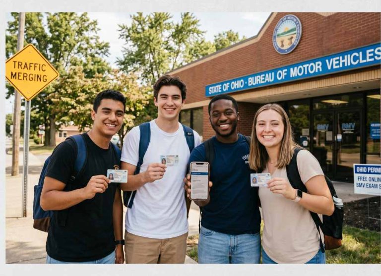 A diverse group of smiling young adults outside an Ohio BMV office, showing their physical and digital learner's permits after passing the Ohio permit test.