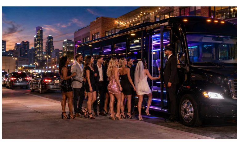 Bachelor and bachelorette group boarding a luxury party bus at night with a professional chauffeur in a city nightlife setting.