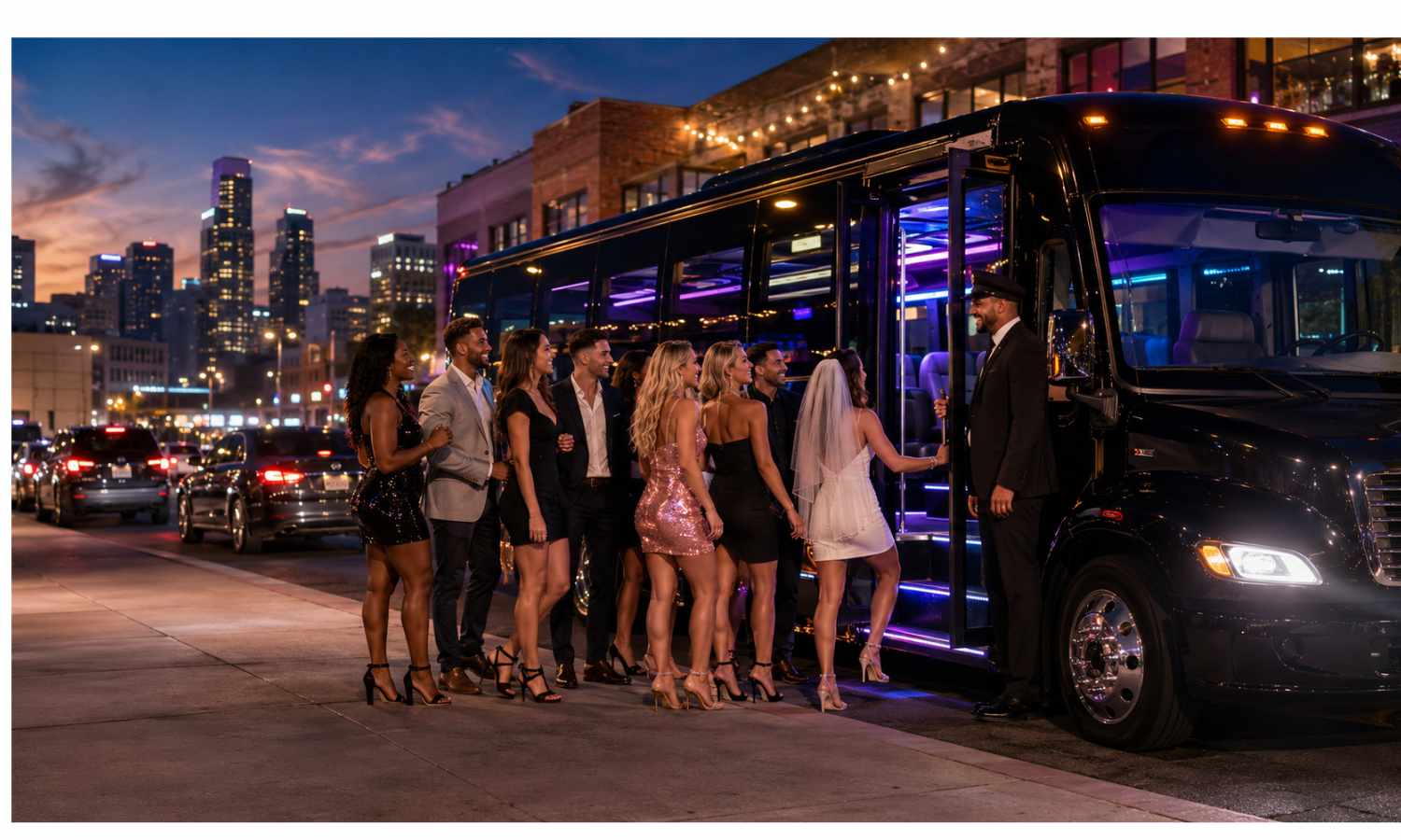 Bachelor and bachelorette group boarding a luxury party bus at night with a professional chauffeur in a city nightlife setting.