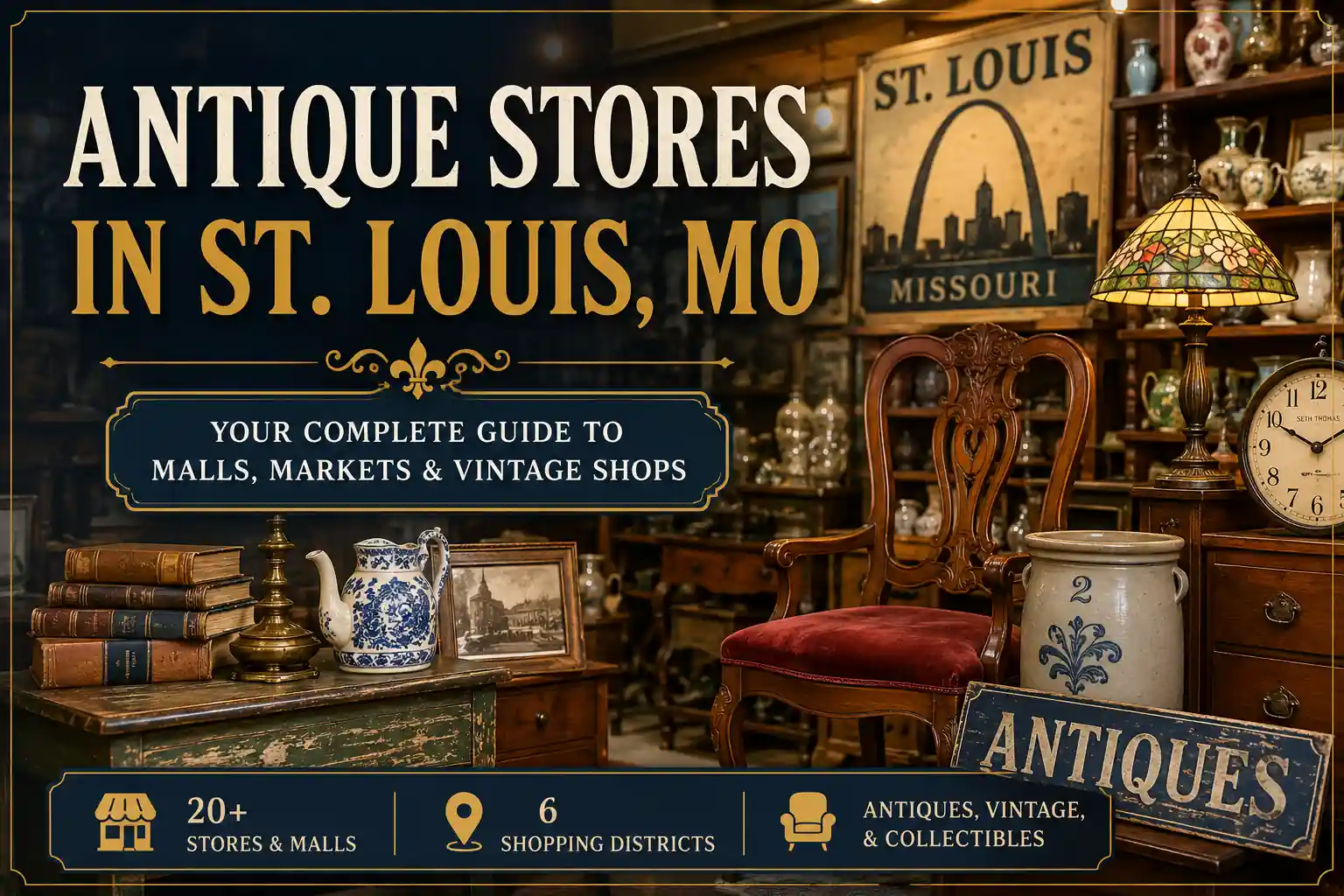 Interior of an antique store in St. Louis, Missouri, featuring vintage furniture, collectibles, antique décor, and vendor booths.