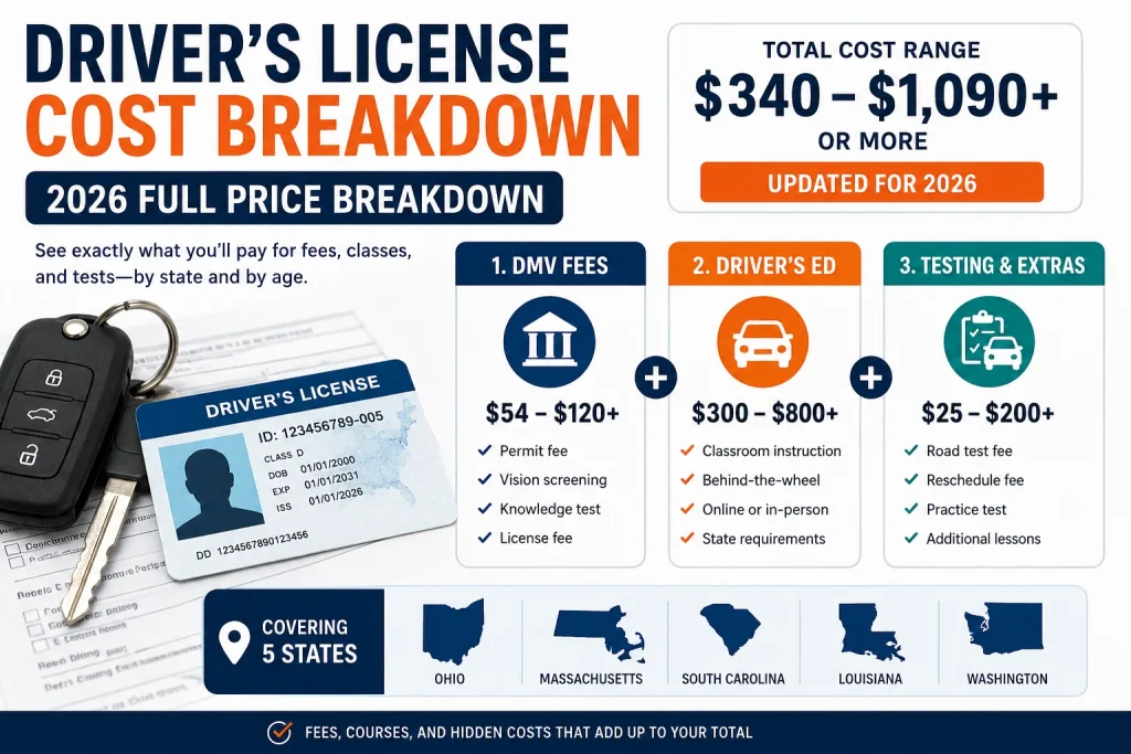 showing driver's license fees, driver's ed, and testing costs for 2026