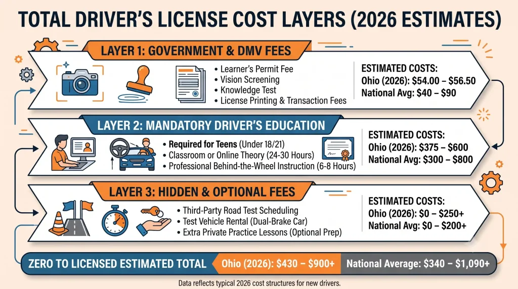  Infographic showing DMV fees, driver's ed costs, and hidden testing fees that make up total driver's license cost
