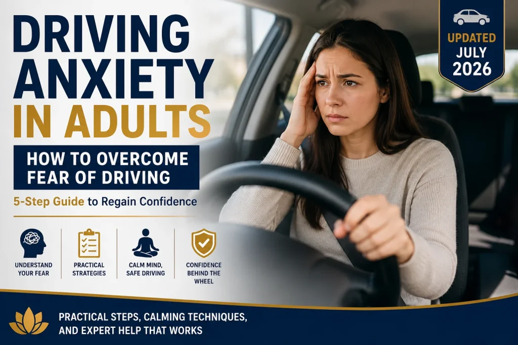 Woman experiencing driving anxiety gripping the steering wheel, illustrating a 5-step guide to overcome fear of driving