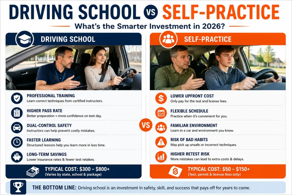 Side-by-side comparison of driving school training versus learning to drive with parents |