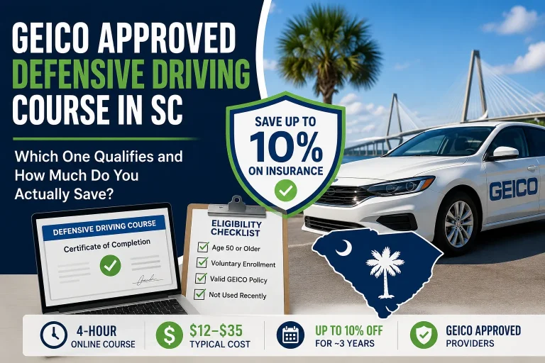 GEICO approved defensive driving course infographic for South Carolina drivers showing 10% insurance savings and eligibility
