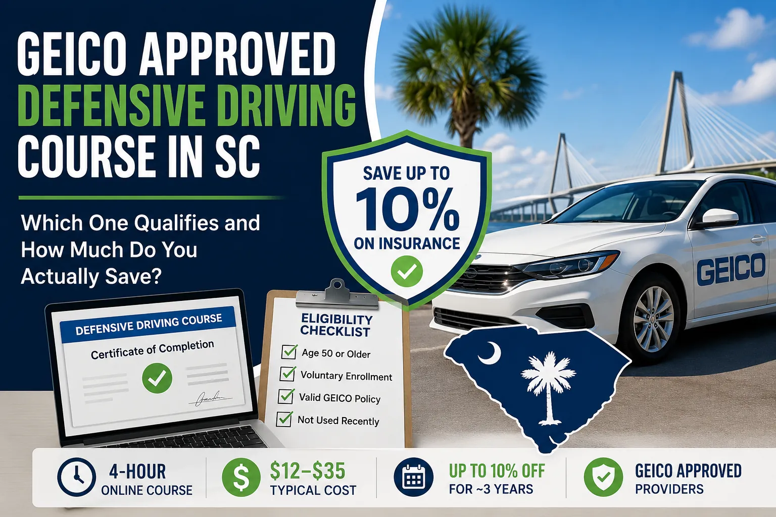 GEICO approved defensive driving course infographic for South Carolina drivers showing 10% insurance savings and eligibility