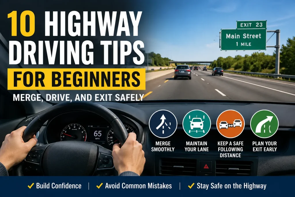 Driver's view of a multi-lane highway showing safe merging, lane discipline, following distance, and exit planning for beginner highway driving tips.