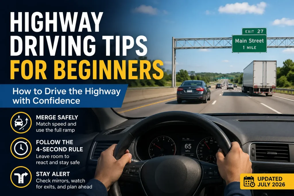 Beginner driver learning safe highway driving techniques including merging, lane positioning, and following distance.
