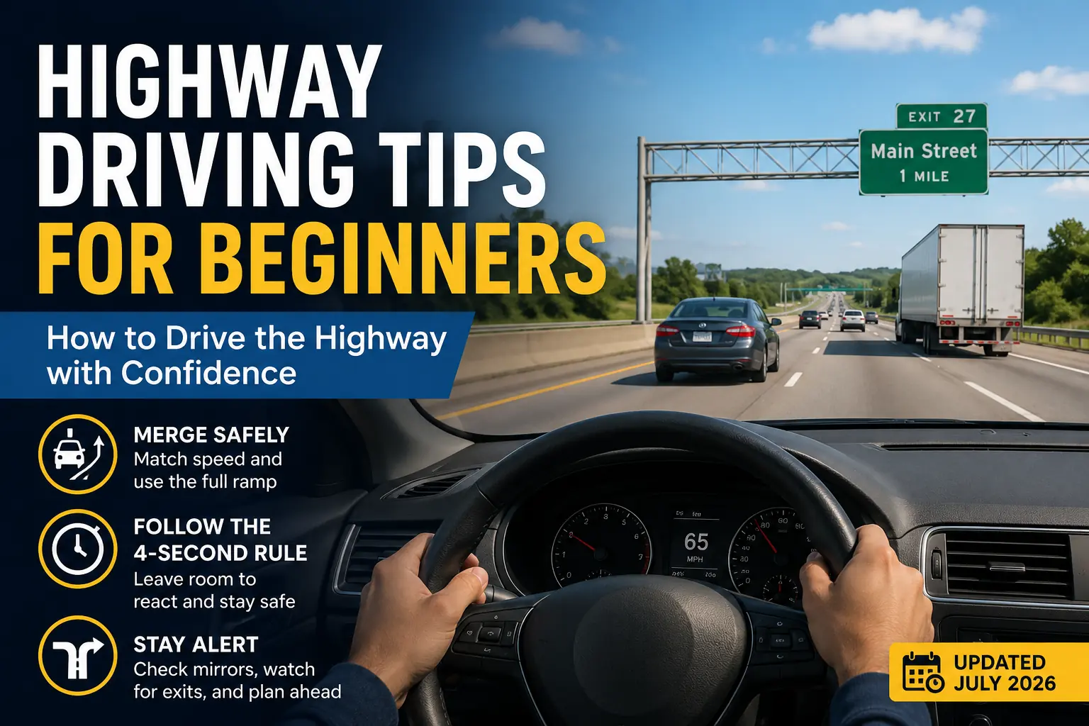 Beginner driver learning safe highway driving techniques including merging, lane positioning, and following distance.