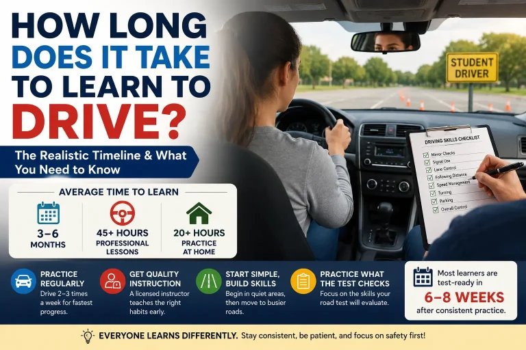 Student learning to drive with a driving instructor showing the average time to learn driving, including 45 hours of professional lessons and 20 hours of practice.