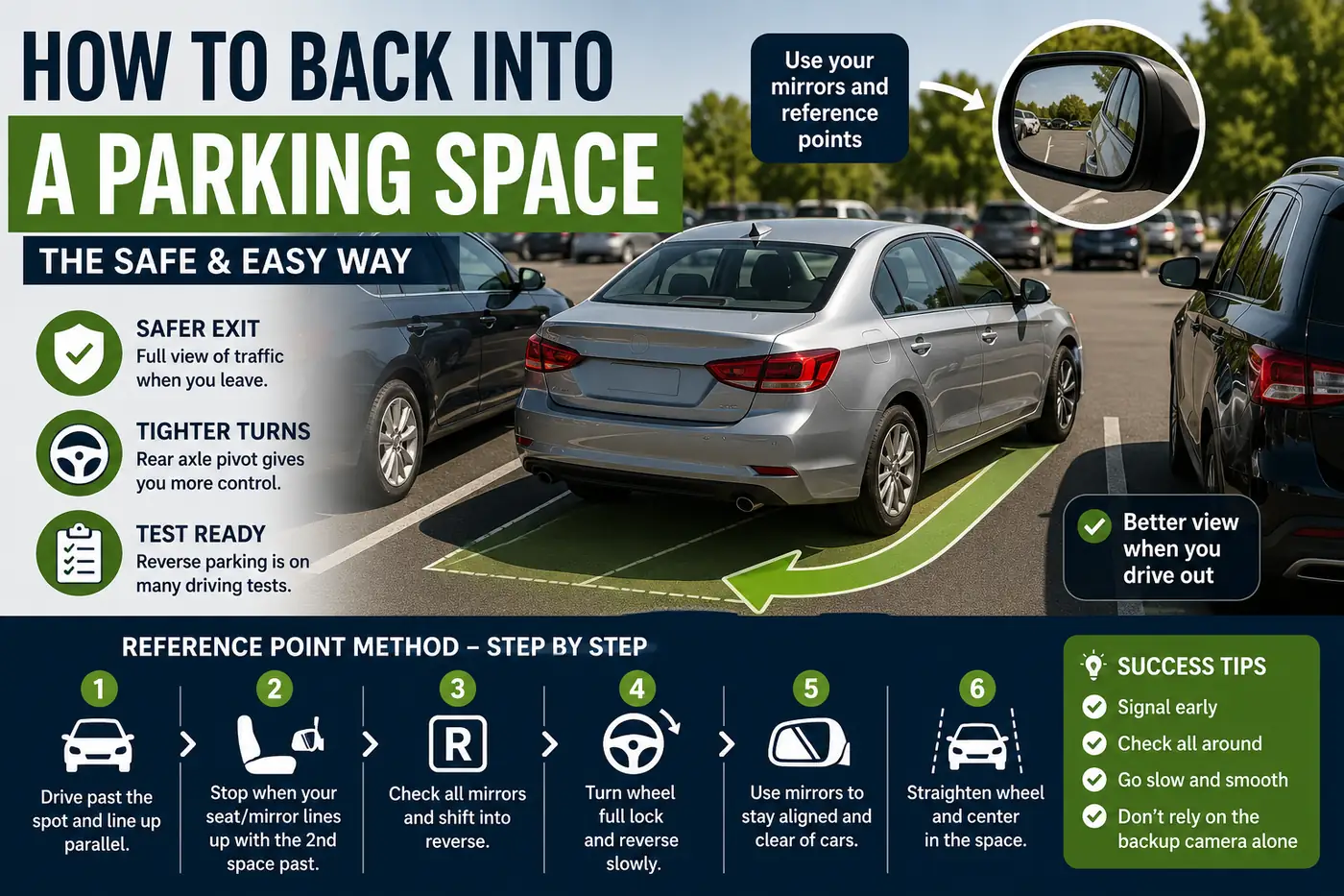 Driver reversing into a parking space using the reference-point method with mirror guidance, demonstrating safe reverse parking techniques for beginner drivers and driving test preparation.
