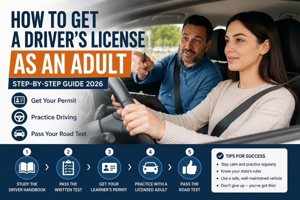 Adult learner driving with a professional instructor during a driving lesson, illustrating the step-by-step process of getting a driver's license as an adult for first-time drivers in 2026.