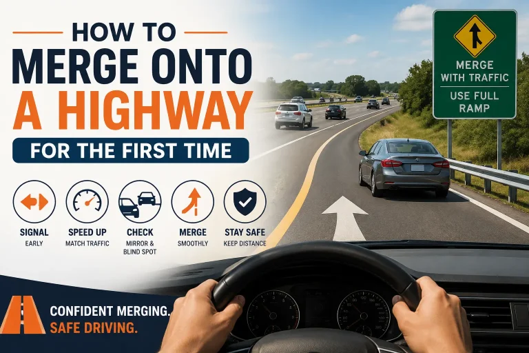 First-time driver safely merging onto a highway using an acceleration lane while matching traffic speed with step-by-step highway merging guidance.