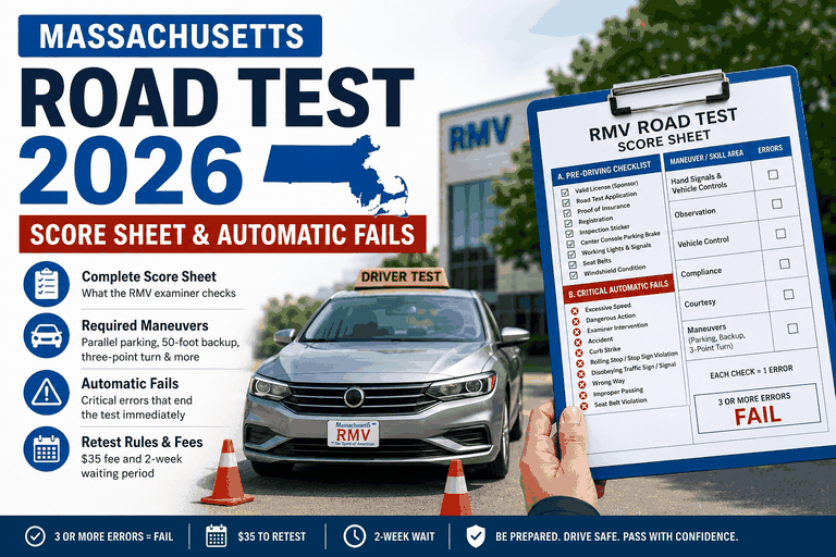 Massachusetts road test 2026 score sheet with RMV examiner checklist, required maneuvers, automatic fails, and driver test car outside RMV office.