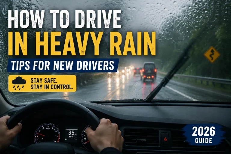 New driver safely driving through heavy rain with windshield wipers and low-beam headlights on during wet highway conditions.