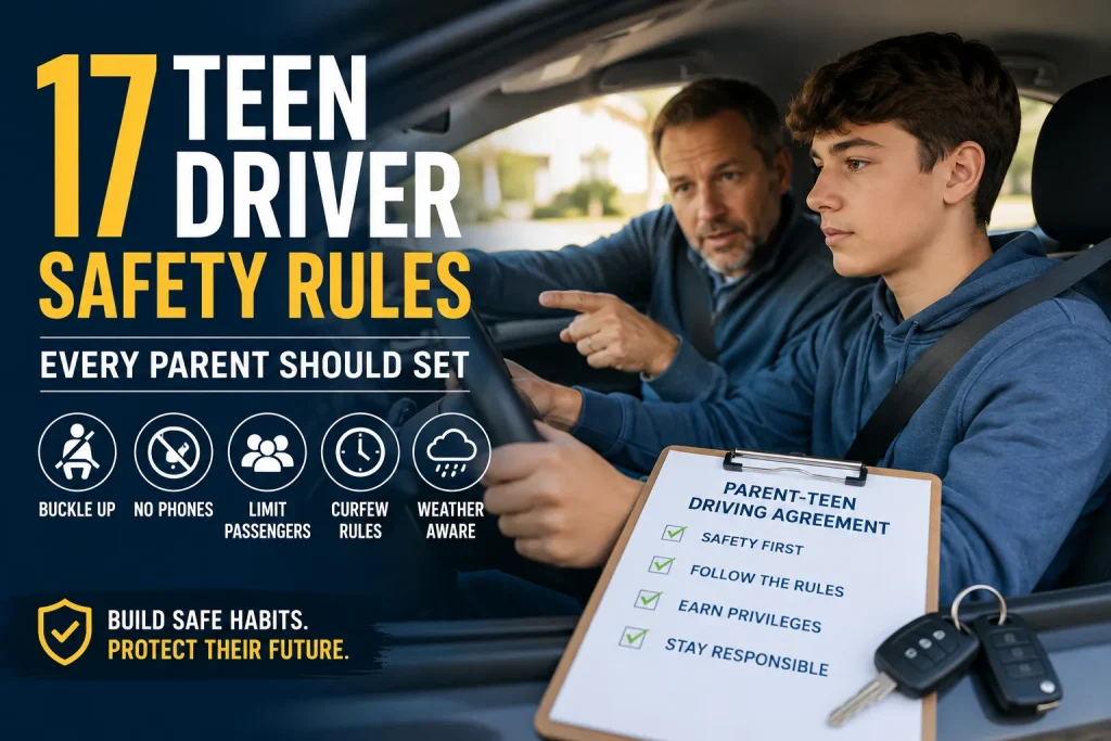 Parent teaching a teenage driver safe driving habits inside a car with 17 teen driving safety rules, including seat belts, no phone use, passenger limits, curfew, and a parent-teen driving agreement.