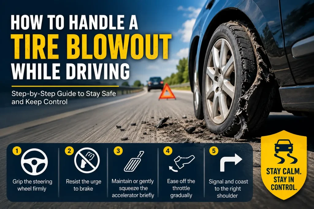 Featured image showing a car with a shredded tire after a highway blowout, alongside step-by-step safety instructions explaining how to handle a tire blowout while driving, including gripping the steering wheel, avoiding hard braking, maintaining control, easing off the accelerator, and safely pulling onto the shoulder.