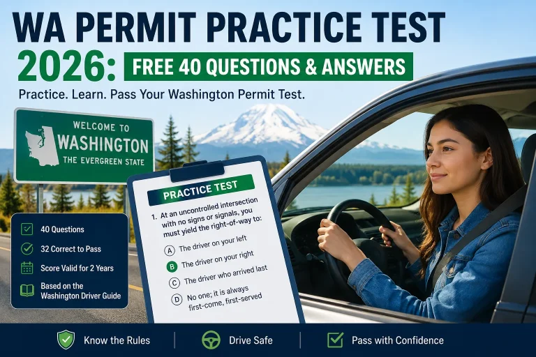 WA permit practice test 2026 with 40 questions and answers for Washington DOL knowledge test preparation