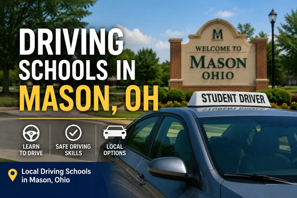 Driving schools in Mason, Ohio, with a student driver car and Mason, Ohio welcome sign.