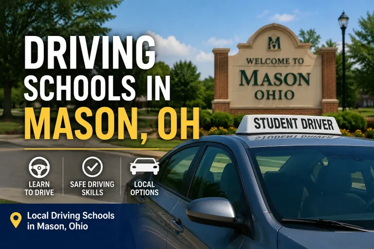 Driving schools in Mason, Ohio, with a student driver car and Mason, Ohio welcome sign.