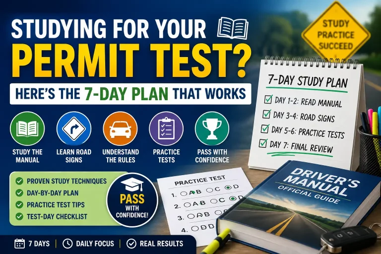 Illustration of a 7-day permit test study plan featuring a driver's manual, practice test, road sign icons, and a daily checklist to help new drivers prepare for their learner's permit exam.