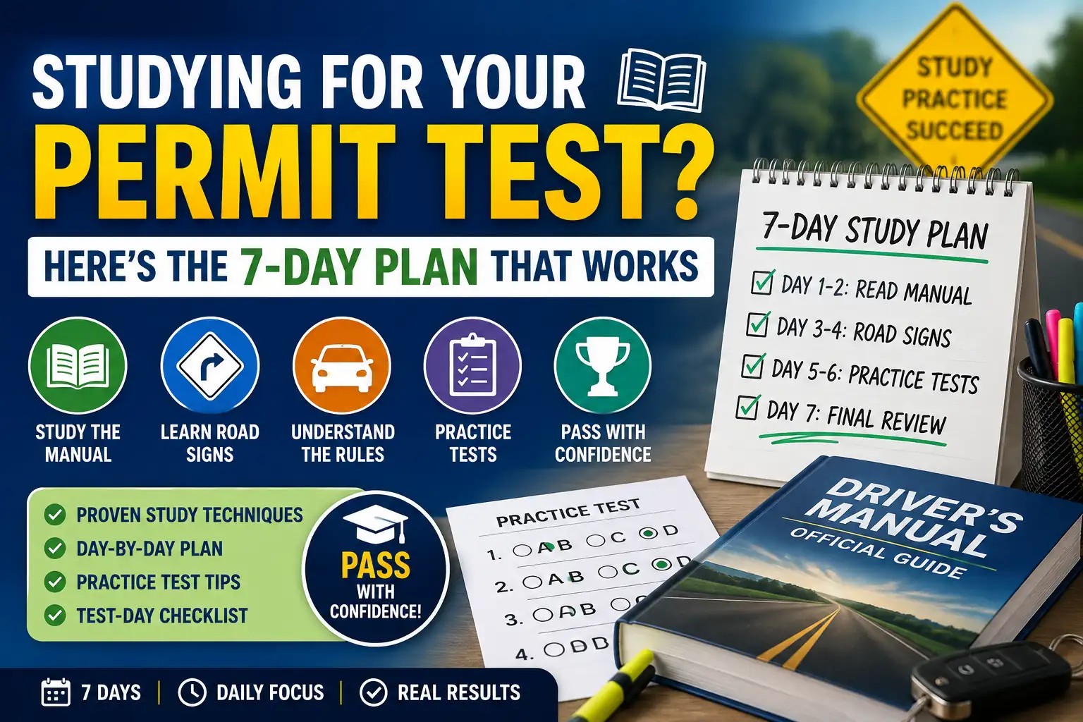 Illustration of a 7-day permit test study plan featuring a driver's manual, practice test, road sign icons, and a daily checklist to help new drivers prepare for their learner's permit exam.