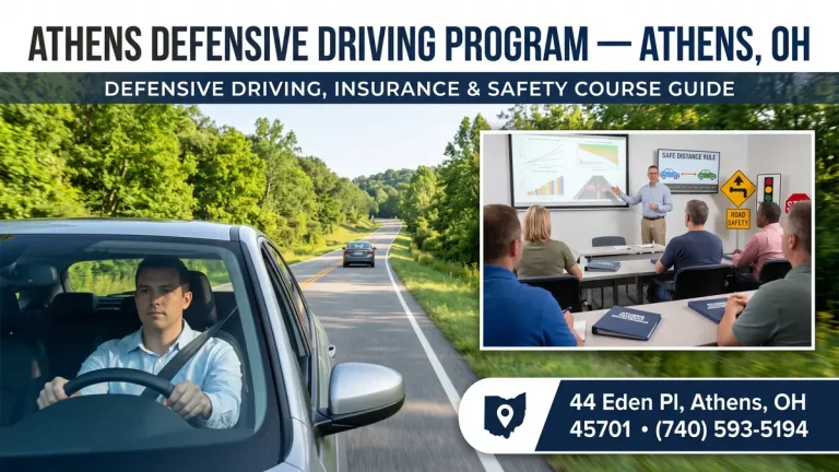 Athens Defensive Driving Program banner showing defensive driver safety education and location details for 44 Eden Pl, Athens, OH.