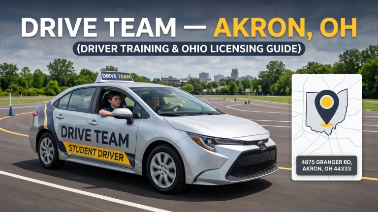 Drive Team driving school vehicle on a training range in Akron, Ohio with location details for 4875 Granger Rd.