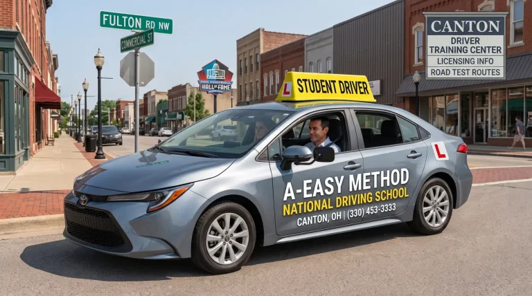 A-Easy Method National Driving School student driver vehicle parked for behind-the-wheel instruction on Fulton Rd NW in Canton, OH