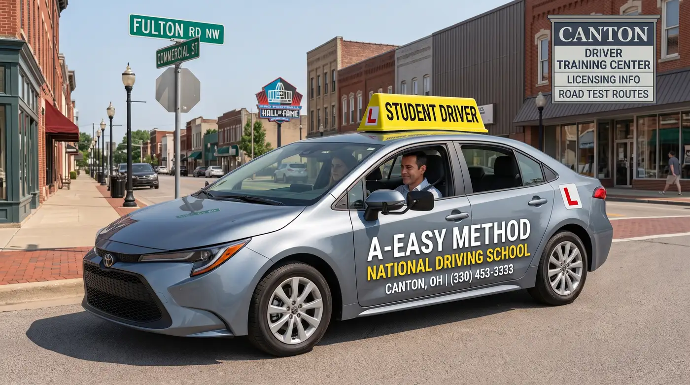 A-Easy Method National Driving School student driver vehicle parked for behind-the-wheel instruction on Fulton Rd NW in Canton, OH