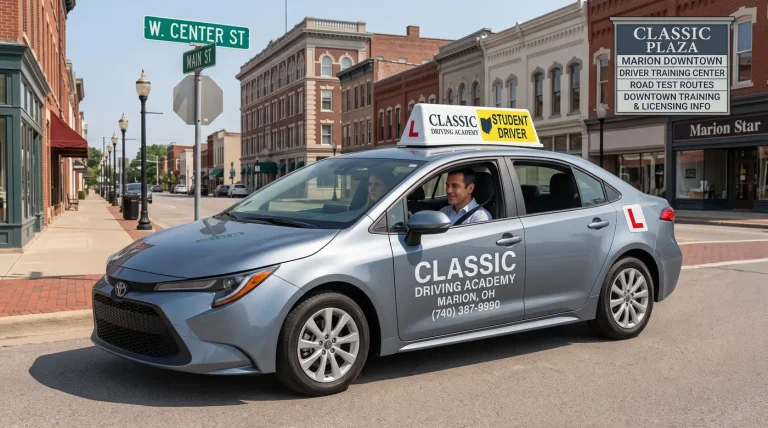 Classic Driving Academy student training vehicle parked for driving lessons on West Center Street in Marion, OH