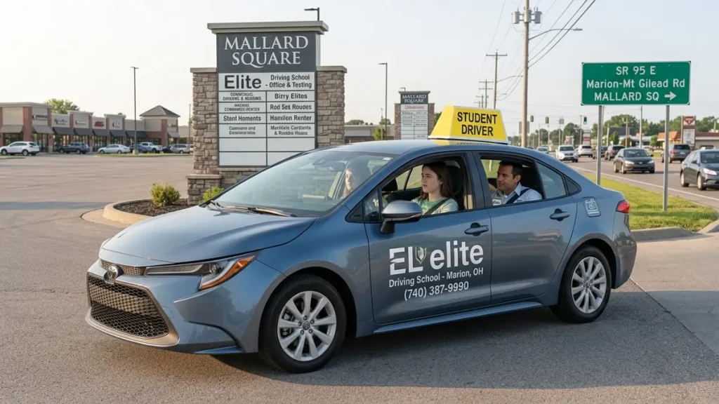 Elite Driving School training car departing Mallard Square on Marion-Mt Gilead Road for behind-the-wheel lessons in Marion, OH