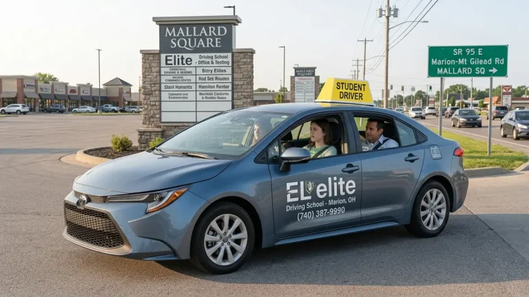 Elite Driving School training car departing Mallard Square on Marion-Mt Gilead Road for behind-the-wheel lessons in Marion, OH