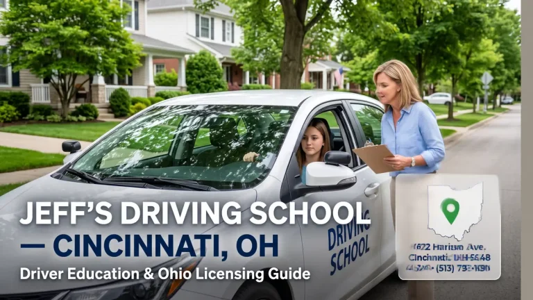 Jeff's Driving School blog banner featuring a driving instructor and student in a car with location details for 6022 Harrison Ave, Cincinnati, OH.
